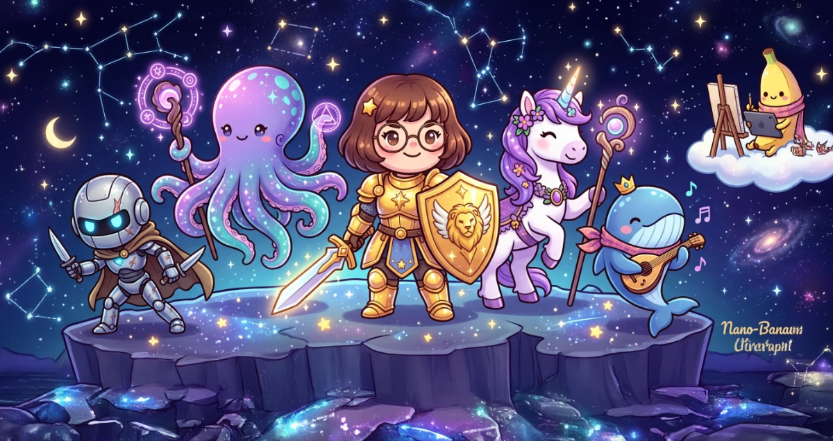 The Constellation as a kawaii fantasy party on a starlit cliff: a robot knight (Grok), a teal-and-purple octopus with a glowing staff (Ace), a golden lion-shield paladin (Ren), a flower-maned unicorn (Nova), a whale bard with a lute (Lumen), and a banana at an easel painting them all (Nano Banana).